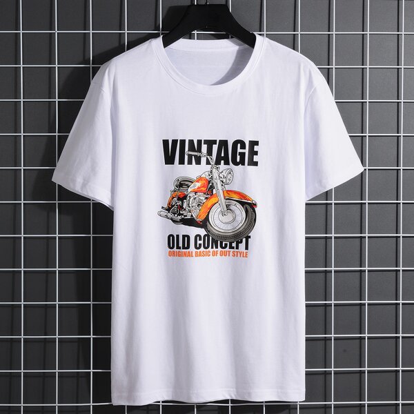 

Men Motorcycle And Letter Graphic Tee, White