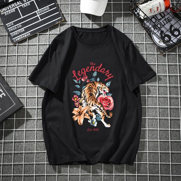 

Men Tiger And Letter Graphic Tee, Black