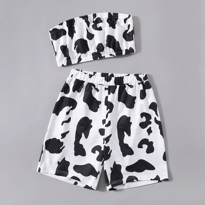 

Cow Print Crop Tube Top & Shorts, Black and white