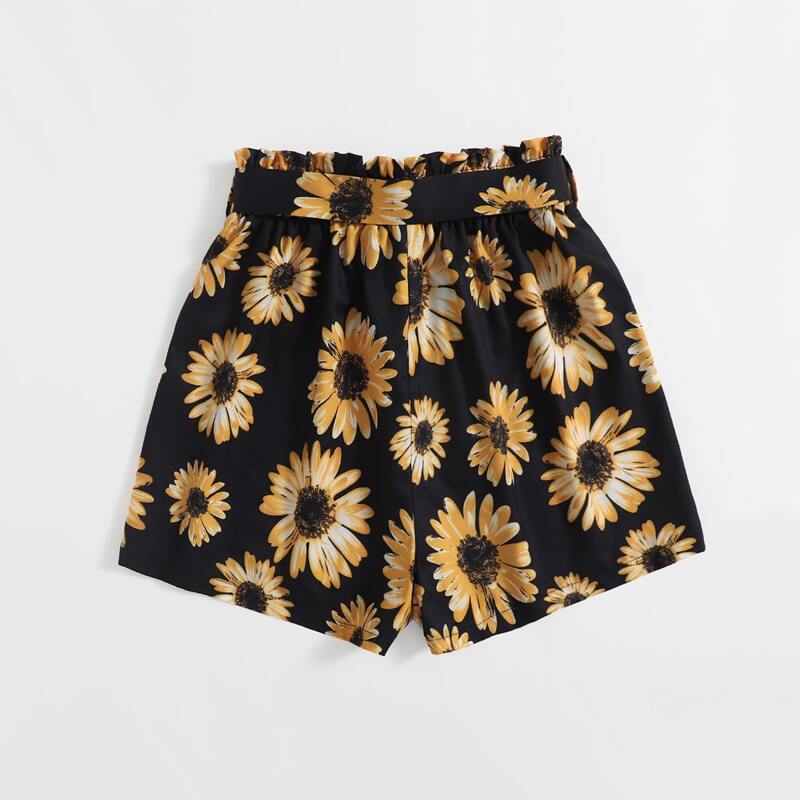 

Sunflower Print Belted Shorts, Black