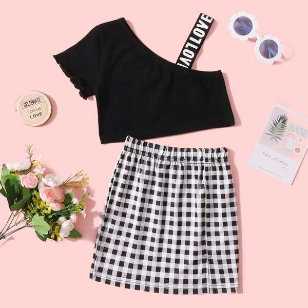 

Toddler Girls Asymmetrical Neck Tee With Plaid Print Skirt, Black and white
