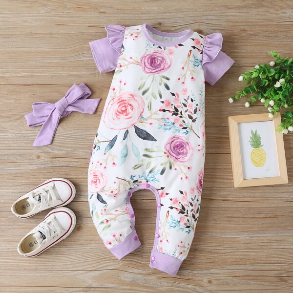 

Baby Girl Floral Print Ruffle Trim Jumpsuit & Headband, Multicolor