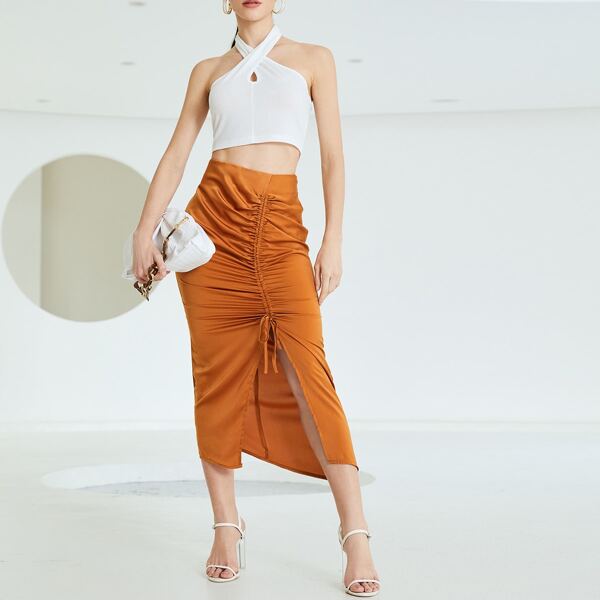 

Drawstring Split Solid Skirt, Ginger