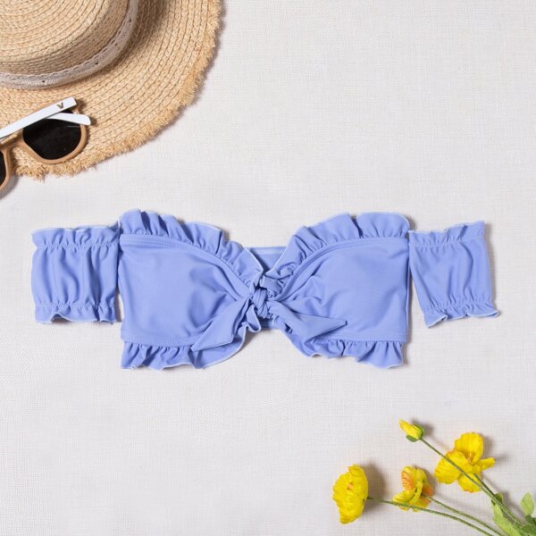 

Knot Front Frill Trim Bardot Bikini Top, Blue