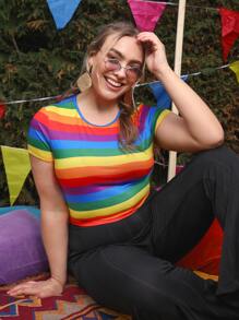 SHEIN Plus Rainbow Striped Top - Multicolor - View 1