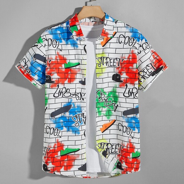 

Men 1pc Letter Graphic Colorblock Shirt, White