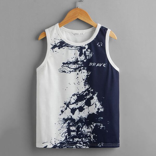 

Boys Letter and Ink Splatter Print Tank Top, Blue and white