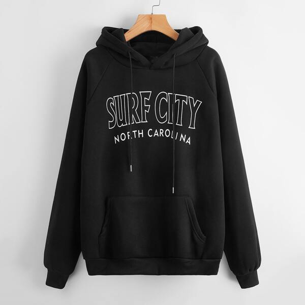 

Letter Graphic Kangaroo Pocket Hoodie, Black