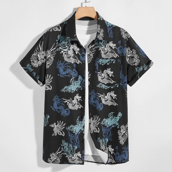 

Men Dragon Print Button Up Shirt Without Tee, Multicolor