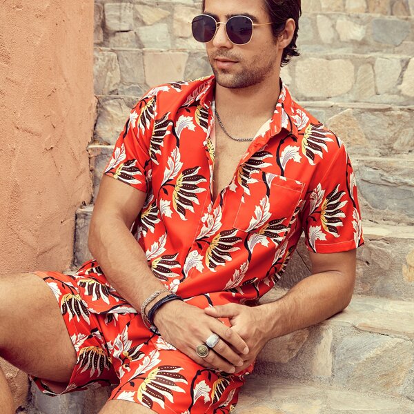 

Men Floral Print Button Front Shirt & Shorts, Orange