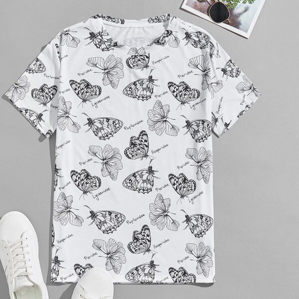 

Men Letter & Butterfly Print Tee, White