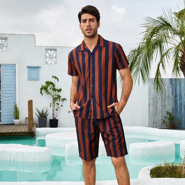 

Men Striped Print Button Front Shirt With Shorts, Multicolor