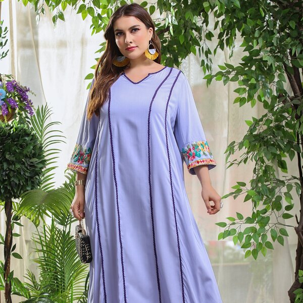 

Plus Floral Embroidery Notched Neck Maxi Tunic Dress, Violet purple