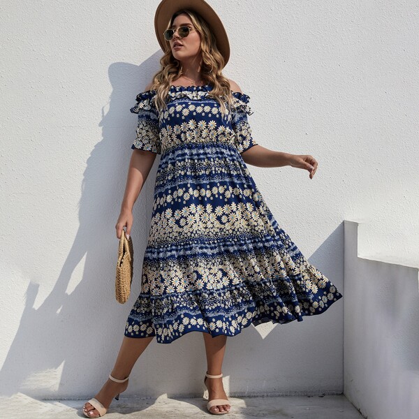 

Plus Allover Floral Print Off The Shoulder A-line Dress, Multicolor