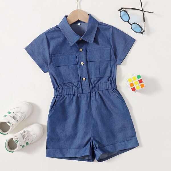 

Toddler Boys Half Button Flap Pocket Denim Romper, Dark wash