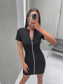 Muchica Đầm Dây kéo màu trơn Giải trí - màu đen - Xem 3