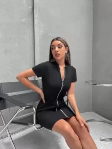 Muchica Đầm Dây kéo màu trơn Giải trí - màu đen - Xem 4