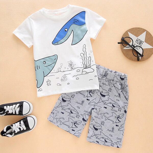 

Toddler Boys Cartoon Shark Print Tee With Shorts, Multicolor