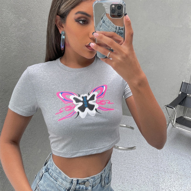 

Butterfly Print Crop Tee, Light grey