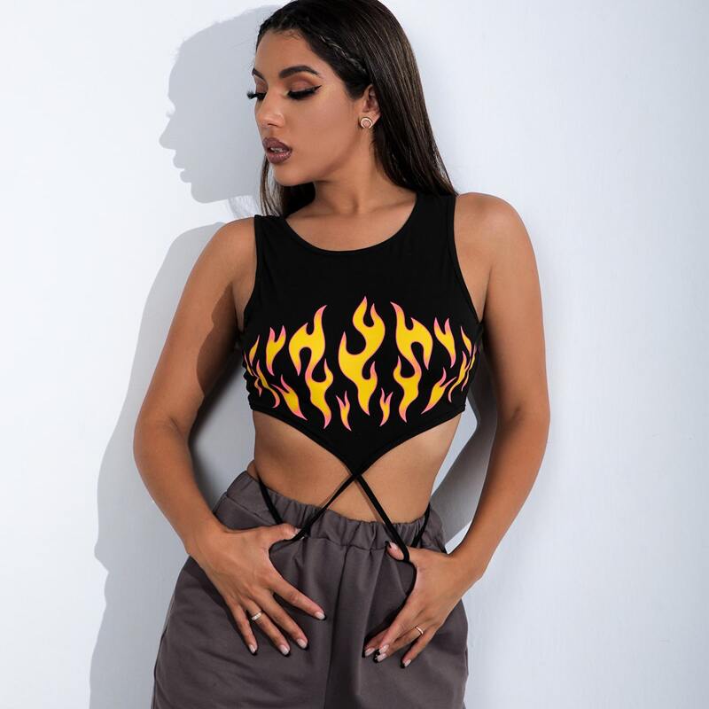 

Fire Print Criss Cross Waist Tank Top, Black
