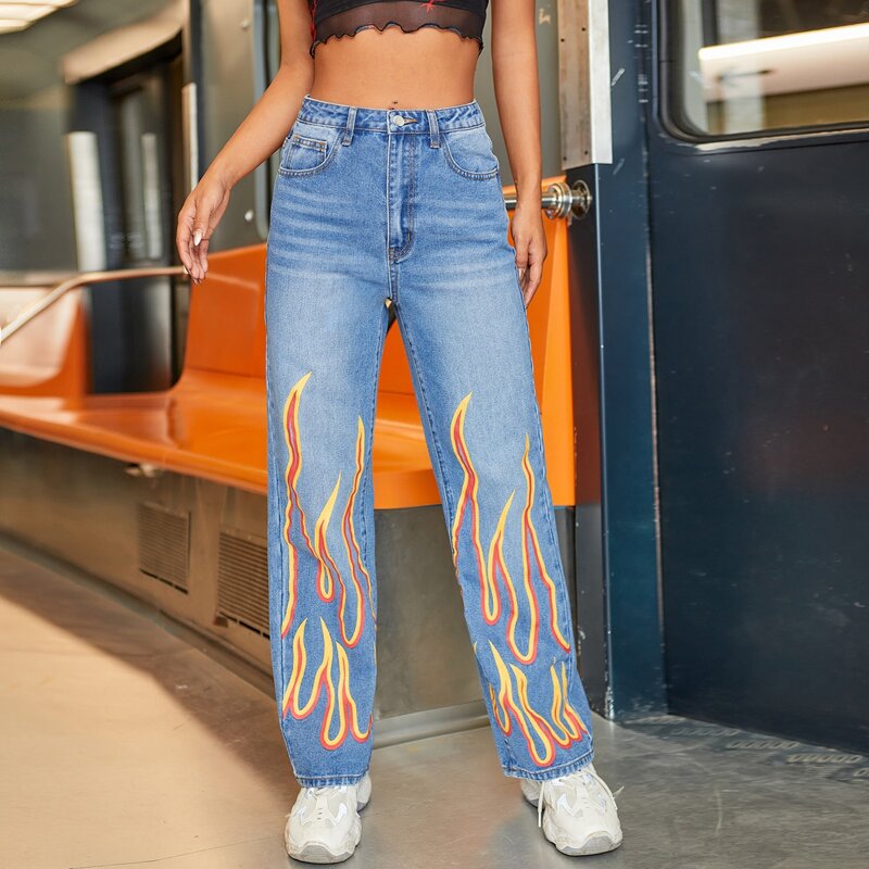 

High Waist Fire Print Straight Jeans, Light wash