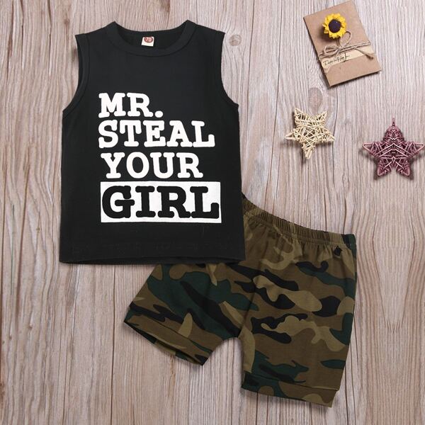 

Toddler Boys Letter Graphic Tank Top & Camo Shorts, Black