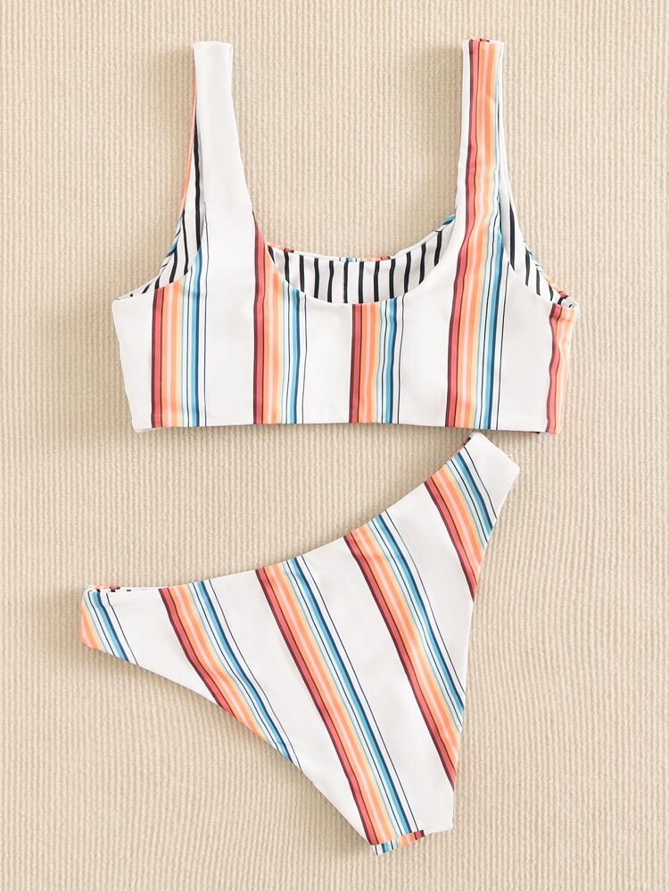 Summer Beach Striped Bikini Set Tank Top & Hipster Bottom 2 Piece Bathing Suit