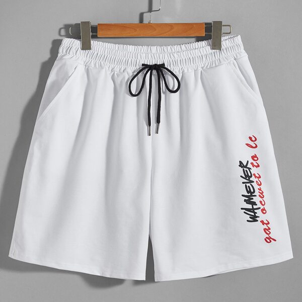 

Men Slogan Graphic Drawstring Waist Shorts, White