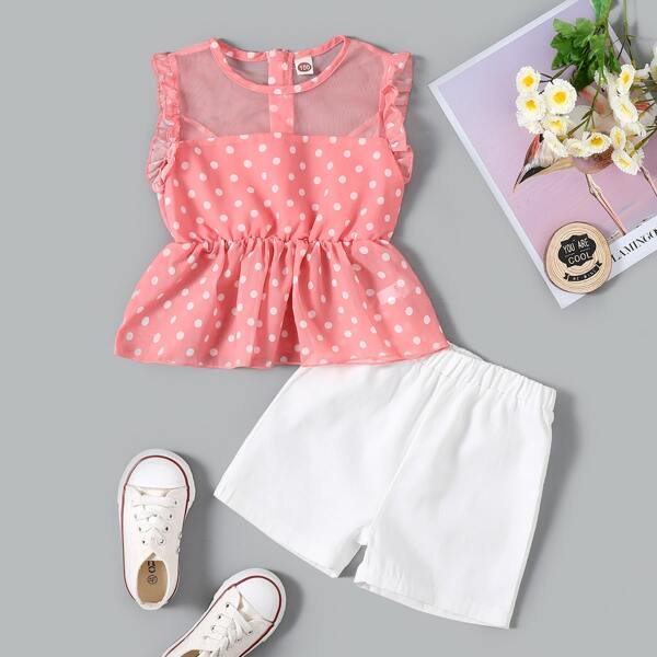 

Toddler Girls Mesh Panel Polka Dot Peplum Blouse & Shorts, Multicolor