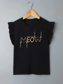 SHEIN Girls Letter & Cartoon Graphic Ruffle Tee - Black - View 1