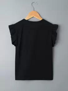 SHEIN Girls Letter & Cartoon Graphic Ruffle Tee - Black - View 2