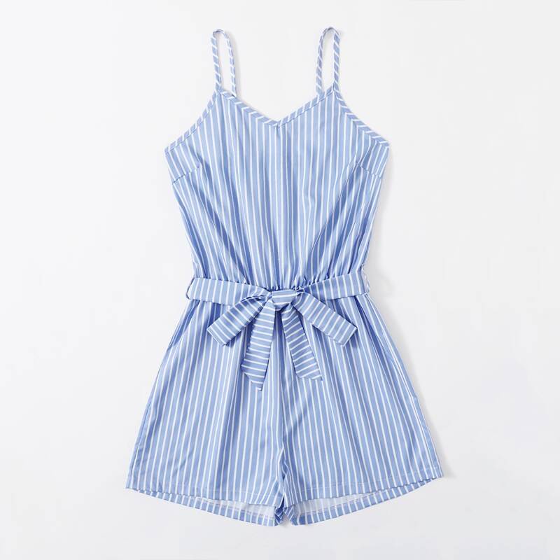 Striped Belted Romper, Blue and white