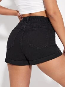 High Waist Ripped Denim Shorts - Black - View 2