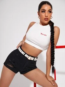 High Waist Ripped Denim Shorts - Black - View 5