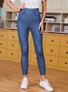 SHEIN Unity Contrast Stitch Denim-Effect Print Jeggings - Blue - View 4