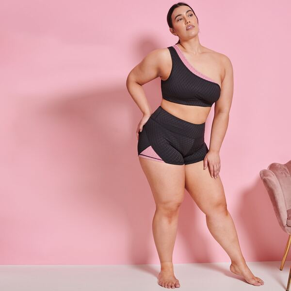 

Контрастный цвет Споритивные шорты размера плюс, Чёрный