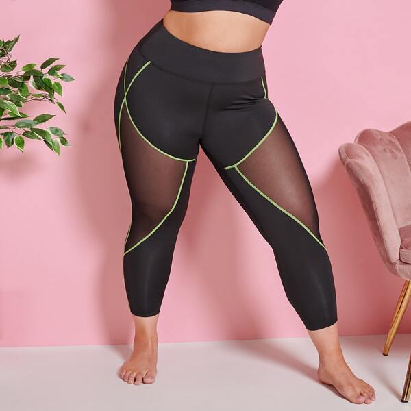 

Plus Mesh Panel Contrast Topstitching Sports Leggings, Black