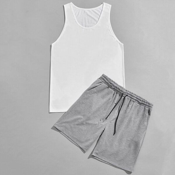 

Men Solid Tank Top With Track Shorts, Multicolor