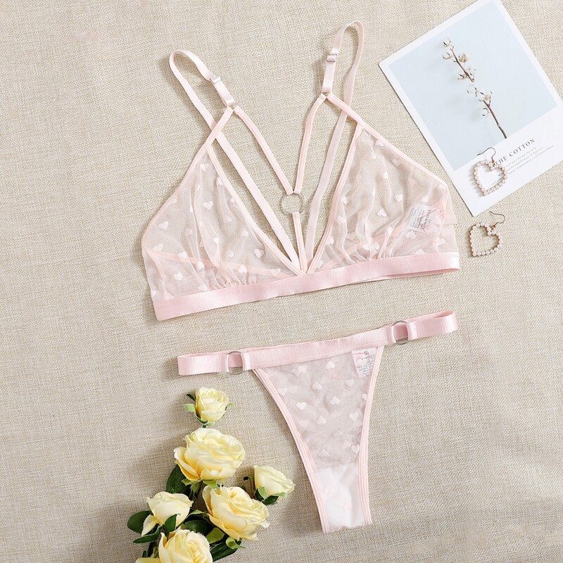 

Heart Pattern Mesh Harness Lingerie Set, Baby pink