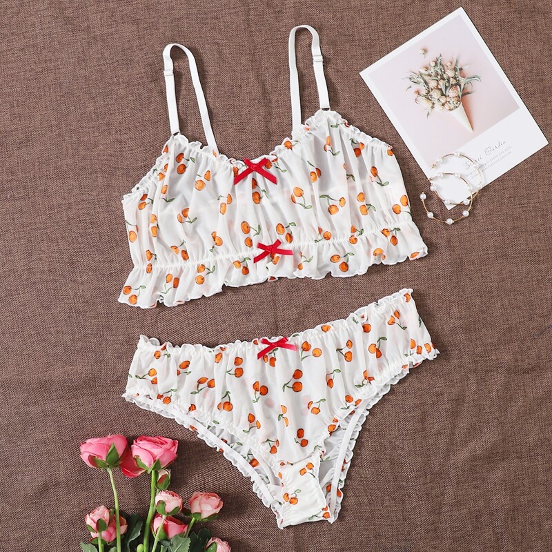 

Cherry Print Lettuce Trim Lingerie Set, White