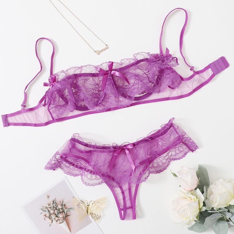 

Tiered Layer Floral Lace Underwire Lingerie Set, Purple