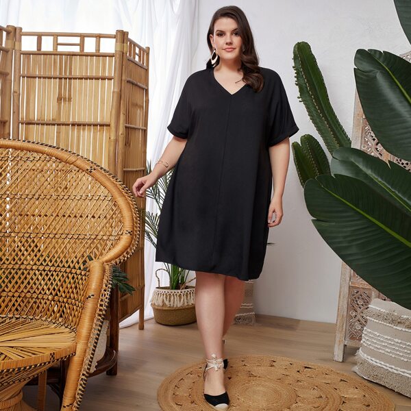 

Plus Solid Cuffed Dress, Black