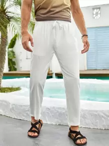 Manfinity RSRT Men Solid Drawstring Waist Pants - White - View 4