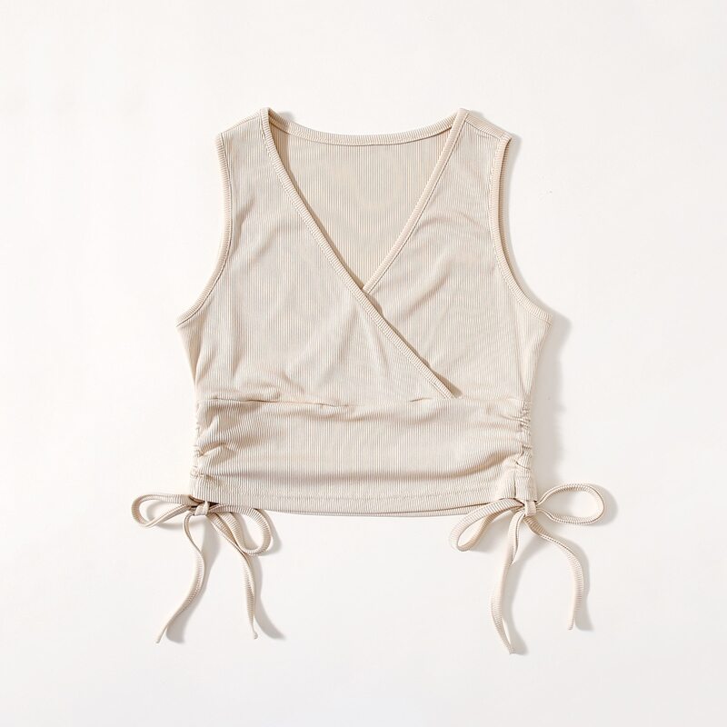 

Solid Drawstring Ribbed Tank Top, Beige