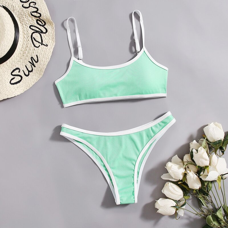 

Contrast Binding Rib Bikini Swimsuit, Mint green