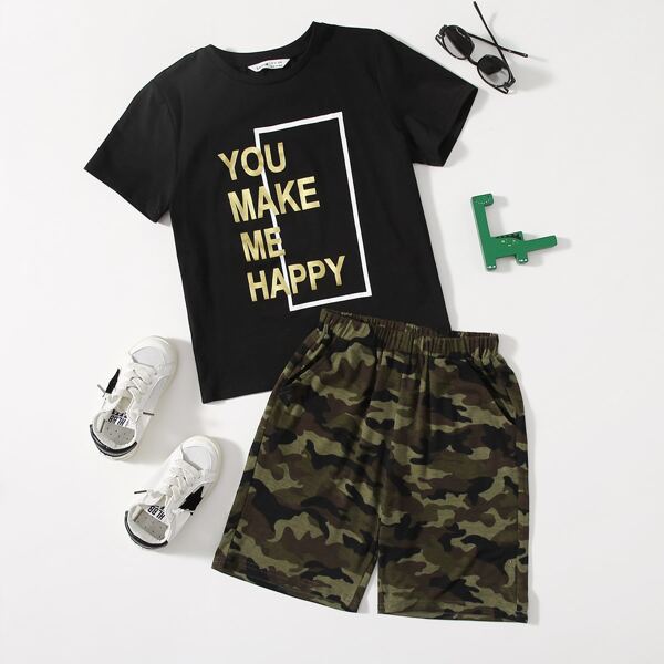 

Boys Slogan Graphic Top & Camo Shorts Set, Multicolor