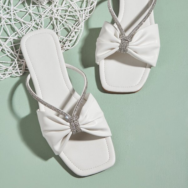 

Rhinestone Decor Bow Design Slide Sandals, White