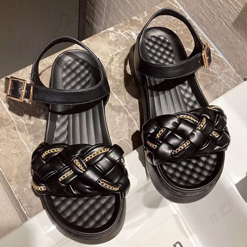 

Chain Braided Band Wedge Sandals, Black
