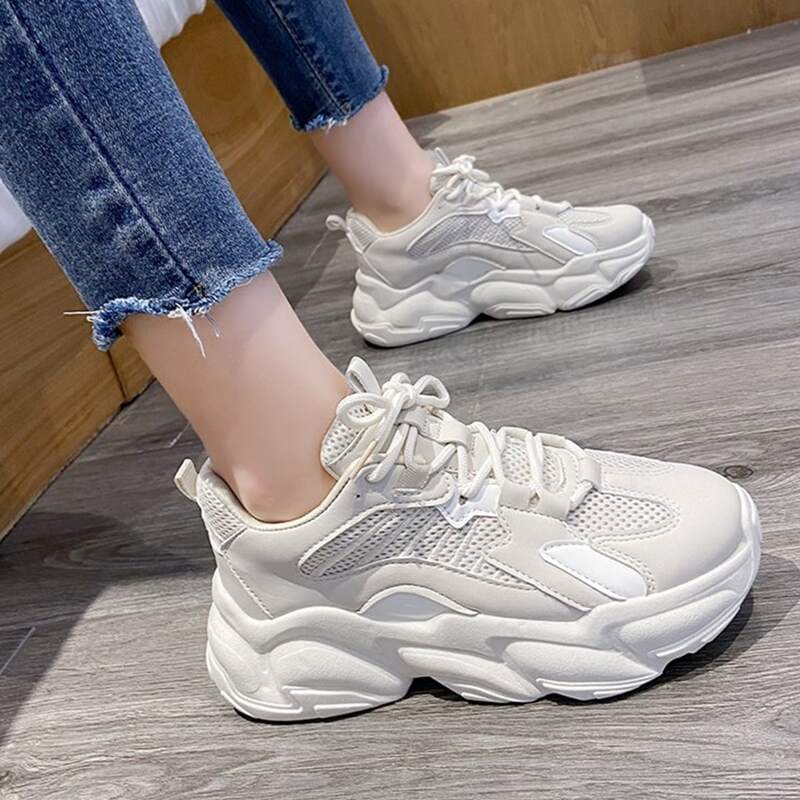 

Solid Lace-up Mesh Chunky Sneakers, Beige