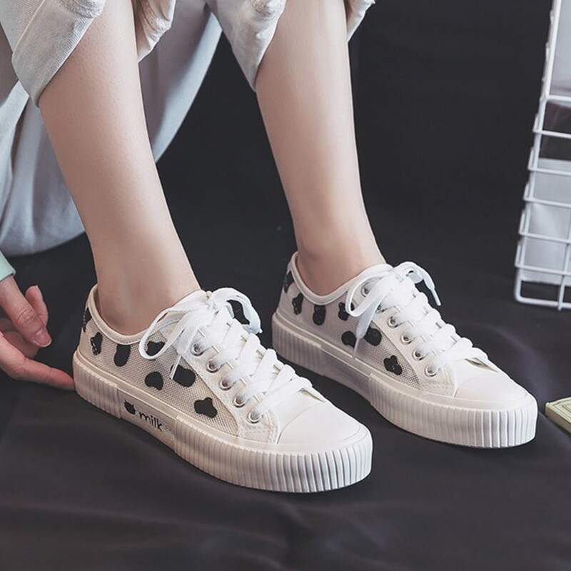 

Cow Print Lace-up Canvas Sneakers, Black and white